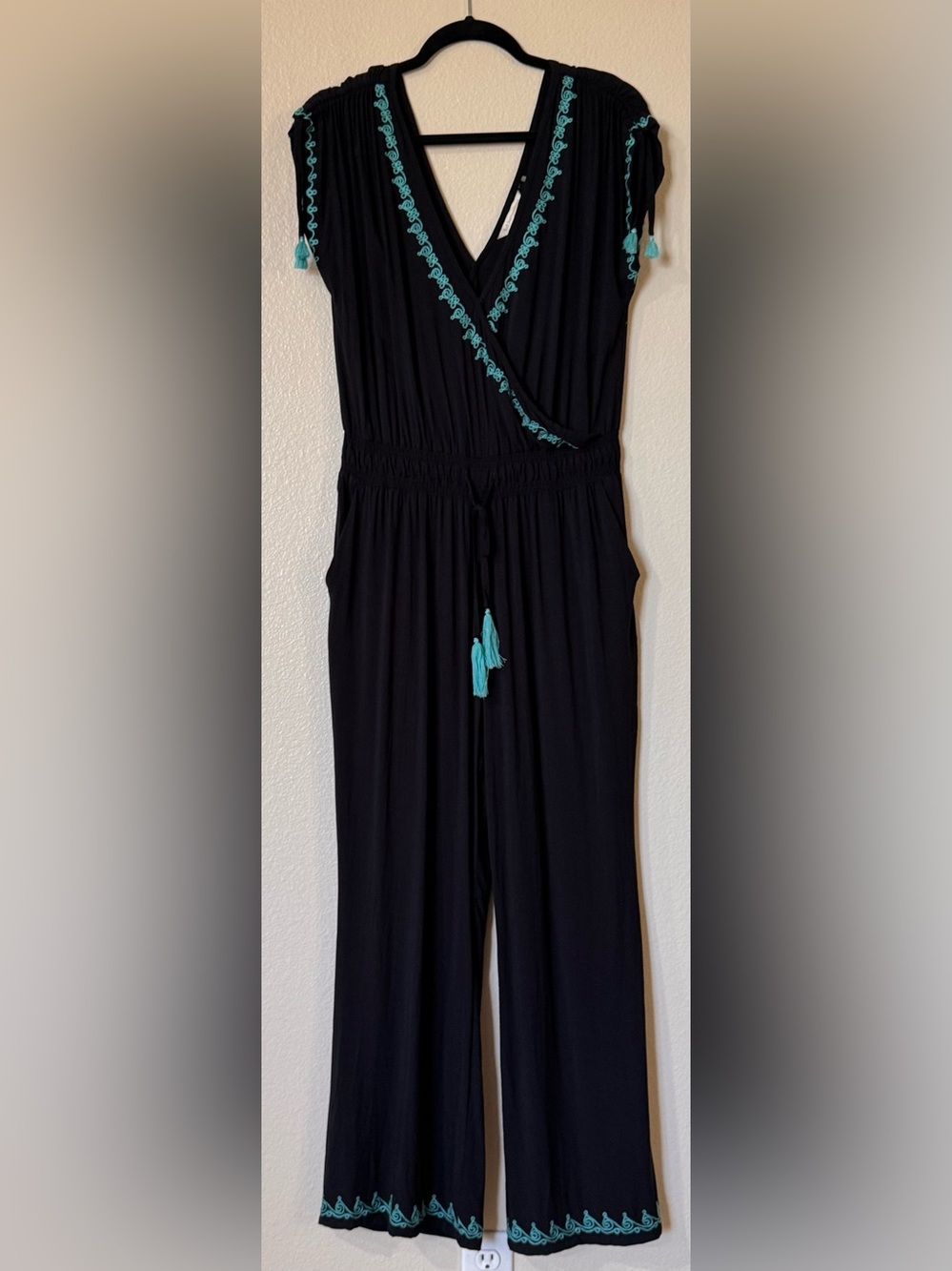 Soft Surroundings Baja Embroidered Wide Leg Tassel Jumpsuit Black Turquoise M